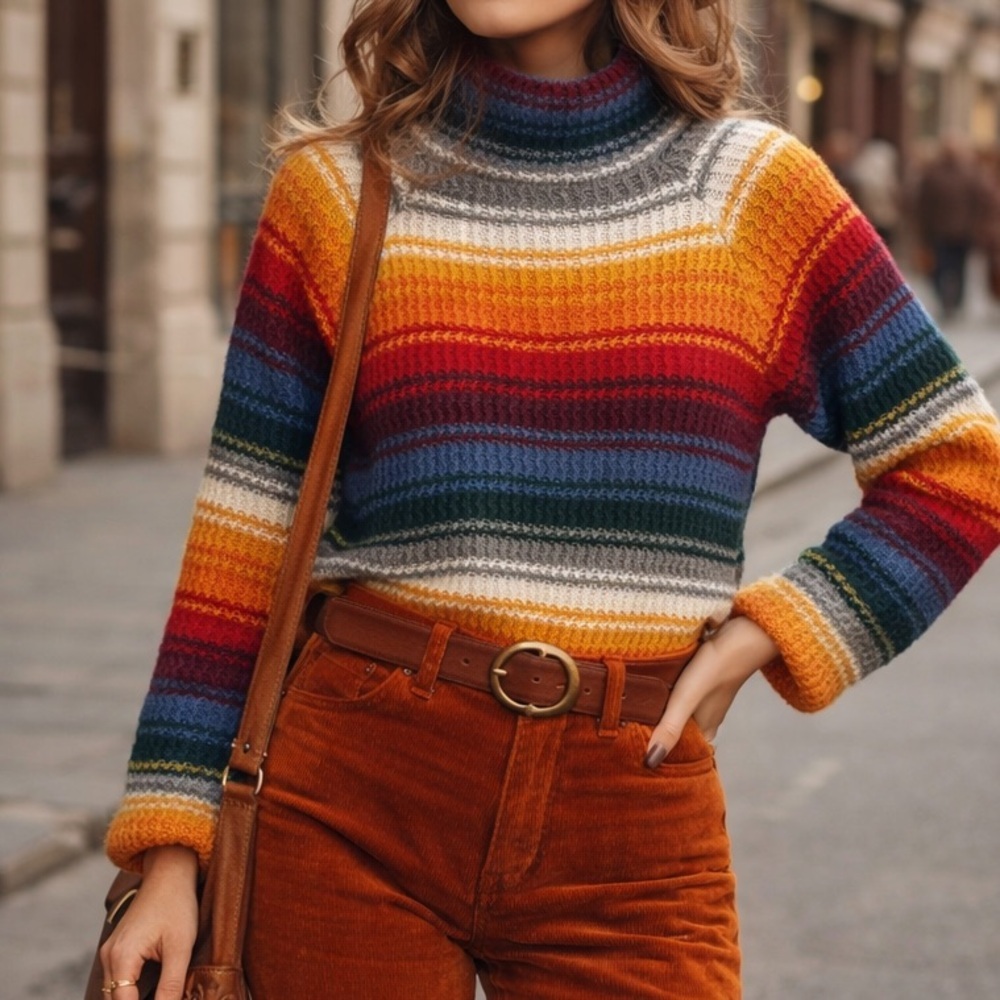 Styles To Go Ramie Cotton Turtleneck Knit Sweater Stripes Retro Multi Rainbow L
